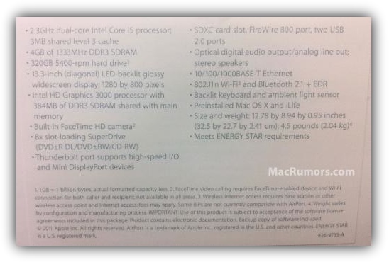 Macbook Pro 13" 2011 - спецификации